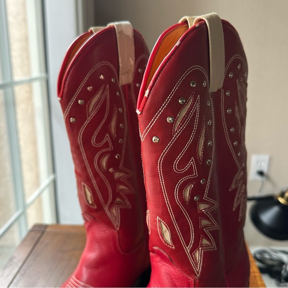 Vtg Frye Daisy Duke Studded Western Boots Women 7 M Red Snip Toe Cowboy - Picture 10 of 15